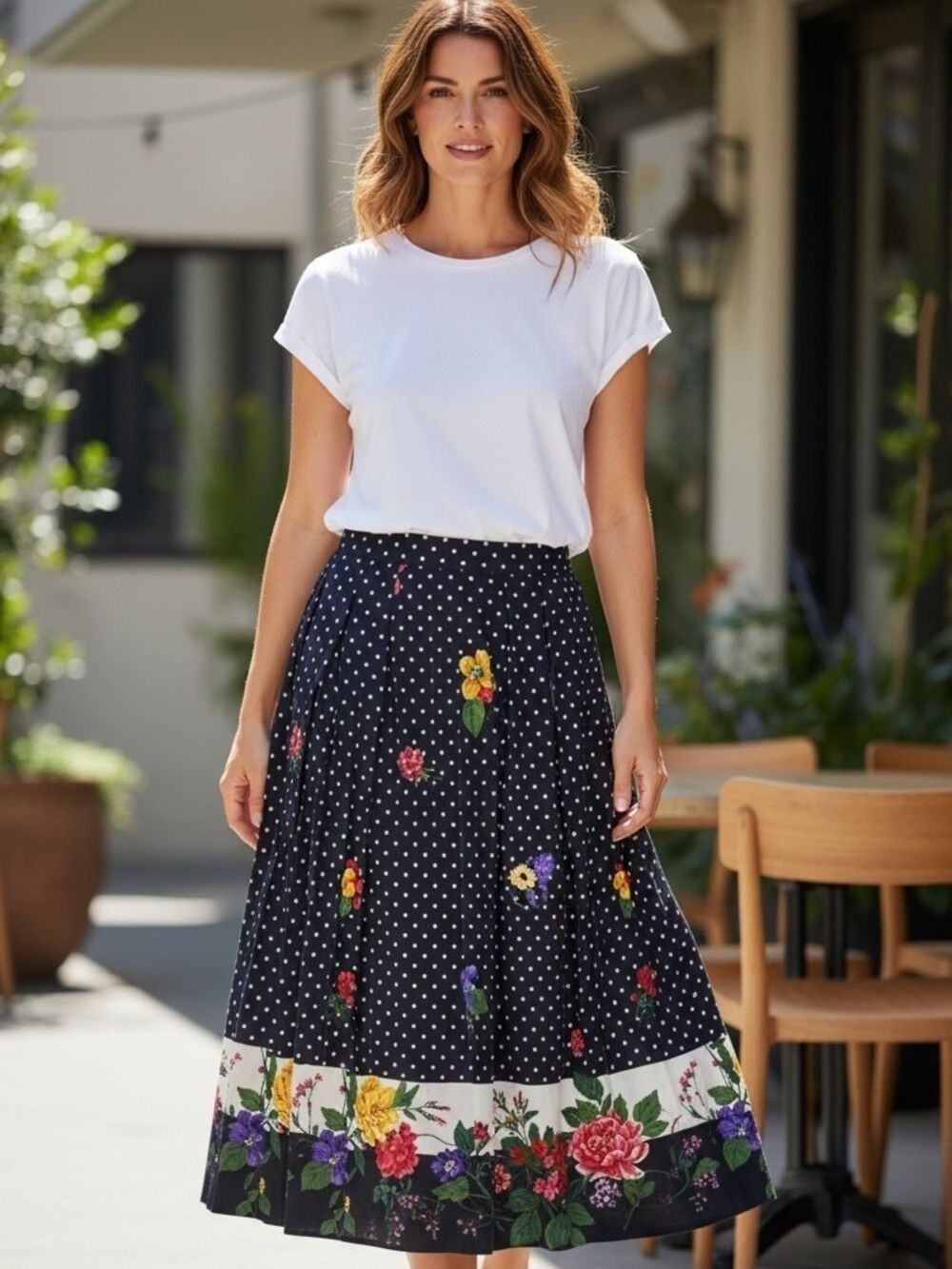 80s JH COLLECTION NAVY & WHITE POLKA DOT & FLORAL COTTAGECORE MAXI SKIRT SZ 10